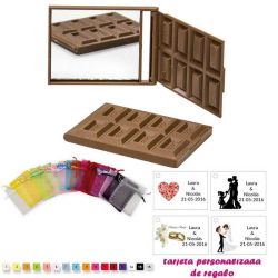 Espejo Tableta de Chocolate, con bolsa de organza multicolor, y tarjeta personalizada