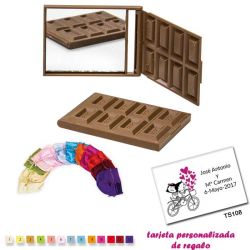 Espejo Tableta de Chocolate, con bolsa de raso multicolor, y tarjeta personalizada