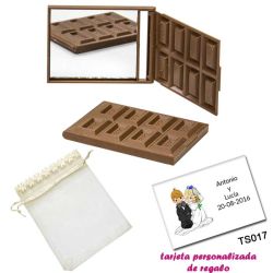 Espejo Tableta de Chocolate, con bolsa de organza con flores en el filo de color beige, y tarjeta personalizada