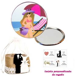 Espejo de Chapa con chica en la Playa, con bolsa de yute y tarjeta personalizada
