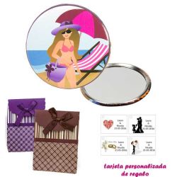 Espejo de Chapa con chica en la Playa, con caja de rayas con lazo y tarjeta personalizada