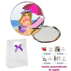 Espejo de Chapa con chica en la Playa, con caja de acetato con lazo morado de lunares y tarjeta personalizada