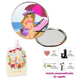 Espejo de Chapa con chica en la Playa, con caja de flores, y tarjeta personalizada
