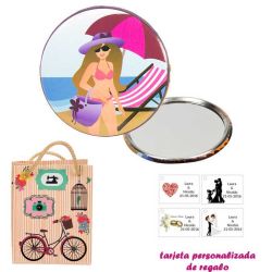 Espejo de Chapa con chica en la Playa, con dibujos decorativos y con bicicleta, y tarjeta personalizada