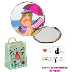 Espejo de Chapa con chica en la Playa, con dibujos de mujer, moda y belleza, y tarjeta personalizada
