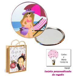 Espejo de Chapa con chica en la Playa, con dibujos de mujer, perfume y belleza, y tarjeta personalizada