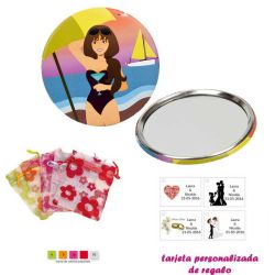 Espejo de Chapa con chica en la Playa, con bolsa de organza con motivos florales multicolor, y tarjeta personalizada
