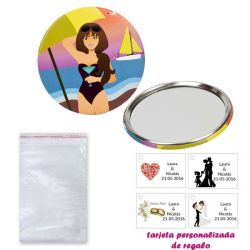 Espejo de Chapa con chica en la Playa, con bolsa básica de celofan, y tarjeta personalizada