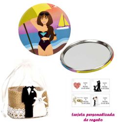 Espejo de Chapa con chica en la Playa, con bolsa de yute y tarjeta personalizada