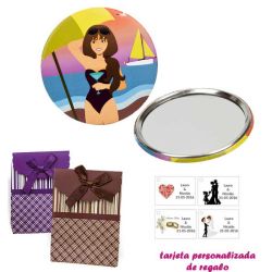 Espejo de Chapa con chica en la Playa, con caja de rayas con lazo y tarjeta personalizada