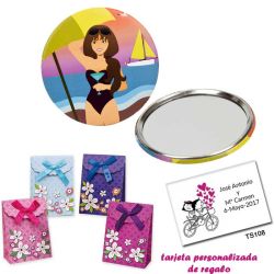 Espejo de Chapa con chica en la Playa, con caja de flores y tarjeta personalizada