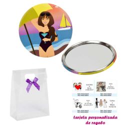 Espejo de Chapa con chica en la Playa, con caja de acetato con lazo morado de lunares y tarjeta personalizada