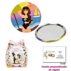 Espejo de Chapa con chica en la Playa, con caja de flores y dibujo de novios, y tarjeta personalizada