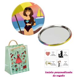 Espejo de Chapa con chica en la Playa, con dibujos de mujer, moda y belleza, y tarjeta personalizada