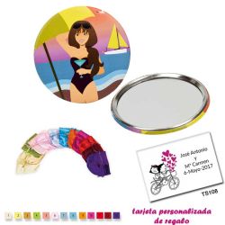 Espejo de Chapa con chica en la Playa, con bolsa de raso multicolor, y tarjeta personalizada