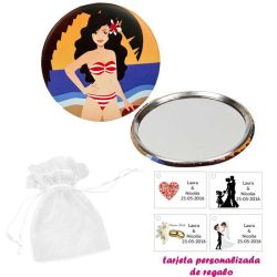Espejo de Chapa con chica en la Playa, con bolsa blanca de organza, y tarjeta personalizada