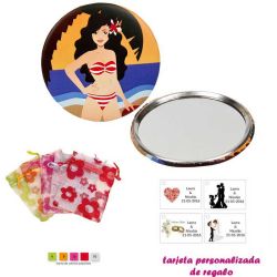 Espejo de Chapa con chica en la Playa, con bolsa de organza con motivos florales multicolor, y tarjeta personalizada