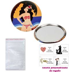 Espejo de Chapa con chica en la Playa, con bolsa básica de celofan, y tarjeta personalizada