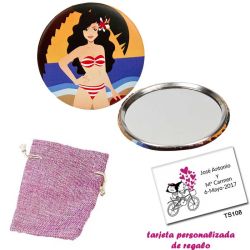Espejo de Chapa con chica en la Playa, con bolsa de saco rosa y tarjeta personalizada