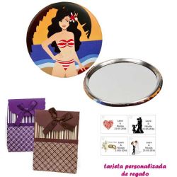 Espejo de Chapa con chica en la Playa, con caja de rayas con lazo y tarjeta personalizada