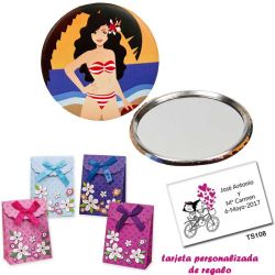 Espejo de Chapa con chica en la Playa, con caja de flores y tarjeta personalizada