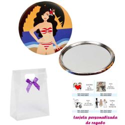 Espejo de Chapa con chica en la Playa, con caja de acetato con lazo morado de lunares y tarjeta personalizada