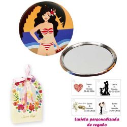 Espejo de Chapa con chica en la Playa, con caja de flores, y tarjeta personalizada