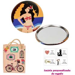Espejo de Chapa con chica en la Playa, con dibujos decorativos y con bicicleta, y tarjeta personalizada