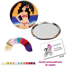 Espejo de Chapa con chica en la Playa, con bolsa de raso multicolor, y tarjeta personalizada