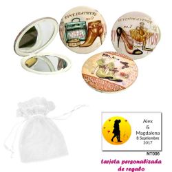 Espejos vintage con zapatos de tacón y bonitos dibujos, con bolsa blanca de organza, y tarjeta personalizada