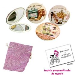 Espejos vintage con zapatos de tacón y bonitos dibujos, con bolsa de saco rosa y tarjeta personalizada
