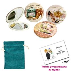 Espejos vintage con zapatos de tacón y bonitos dibujos, con bolsa de saco azul y tarjeta personalizada