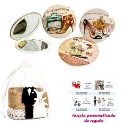 Espejos vintage con zapatos de tacón y bonitos dibujos, con bolsa de yute y tarjeta personalizada