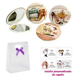 Espejos vintage con zapatos de tacón y bonitos dibujos, con caja de acetato con lazo morado de lunares y tarjeta personalizada
