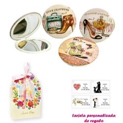 Espejos vintage con zapatos de tacón y bonitos dibujos, con caja de flores, y tarjeta personalizada