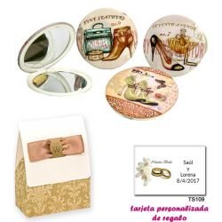 Espejos vintage con zapatos de tacón y bonitos dibujos, con caja de elgante estampado marrón y blanco, y tarjeta personalizada