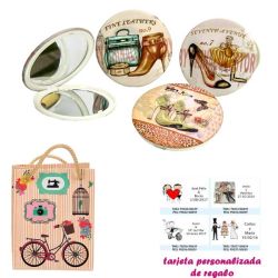 Espejos vintage con zapatos de tacón y bonitos dibujos, con dibujos decorativos y con bicicleta, y tarjeta personalizada