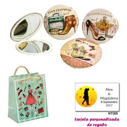 Espejos vintage con zapatos de tacón y bonitos dibujos, con dibujos de mujer, moda y belleza, y tarjeta personalizada
