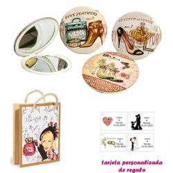 Espejos vintage con zapatos de tacón y bonitos dibujos, con dibujos de mujer, perfume y belleza, y tarjeta personalizada