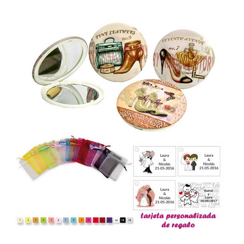 Espejos vintage con zapatos de tacón y bonitos dibujos, con bolsa de organza multicolor, y tarjeta personalizada