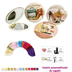 Espejos vintage con zapatos de tacón y bonitos dibujos, con bolsa de raso multicolor, y tarjeta personalizada