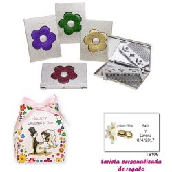 Espejo plateado con una flor grande, y con un peine en el interior, con caja de flores y dibujo de novios, y tarjeta personaliza