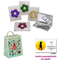 Espejo plateado con una flor grande, y con un peine en el interior, con dibujos de mujer, moda y belleza, y tarjeta personalizad