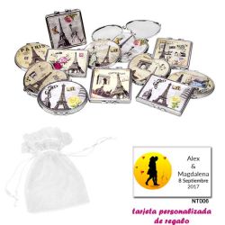 Espejos vintage con motivos de ciudades, con bolsa blanca de organza, y tarjeta personalizada