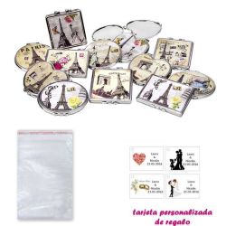 Espejos vintage con motivos de ciudades, con bolsa básica de celofan, y tarjeta personalizada