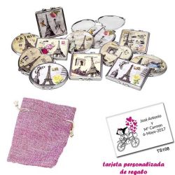 Espejos vintage con motivos de ciudades, con bolsa de saco rosa y tarjeta personalizada