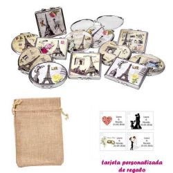 Espejos vintage con motivos de ciudades, con bolsa de saco marrón y tarjeta personalizada