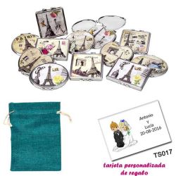 Espejos vintage con motivos de ciudades, con bolsa de saco azul y tarjeta personalizada