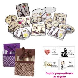 Espejos vintage con motivos de ciudades, con caja de rayas con lazo y tarjeta personalizada