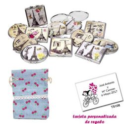 Espejos vintage con motivos de ciudades, con bolsa de saco rosa celeste estampada y tarjeta personalizada